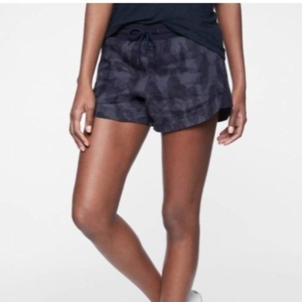 Athleta Beachside Bali Linen Shorts Womens 4 Blue Pull On Drawstring